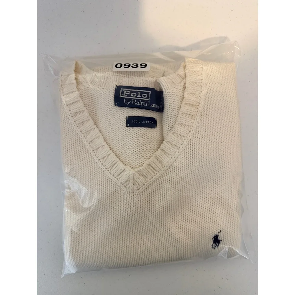 Polo Ralph Lauren Sweater Vest Mens Large Cream Excellent V-Neck Cotton Knit